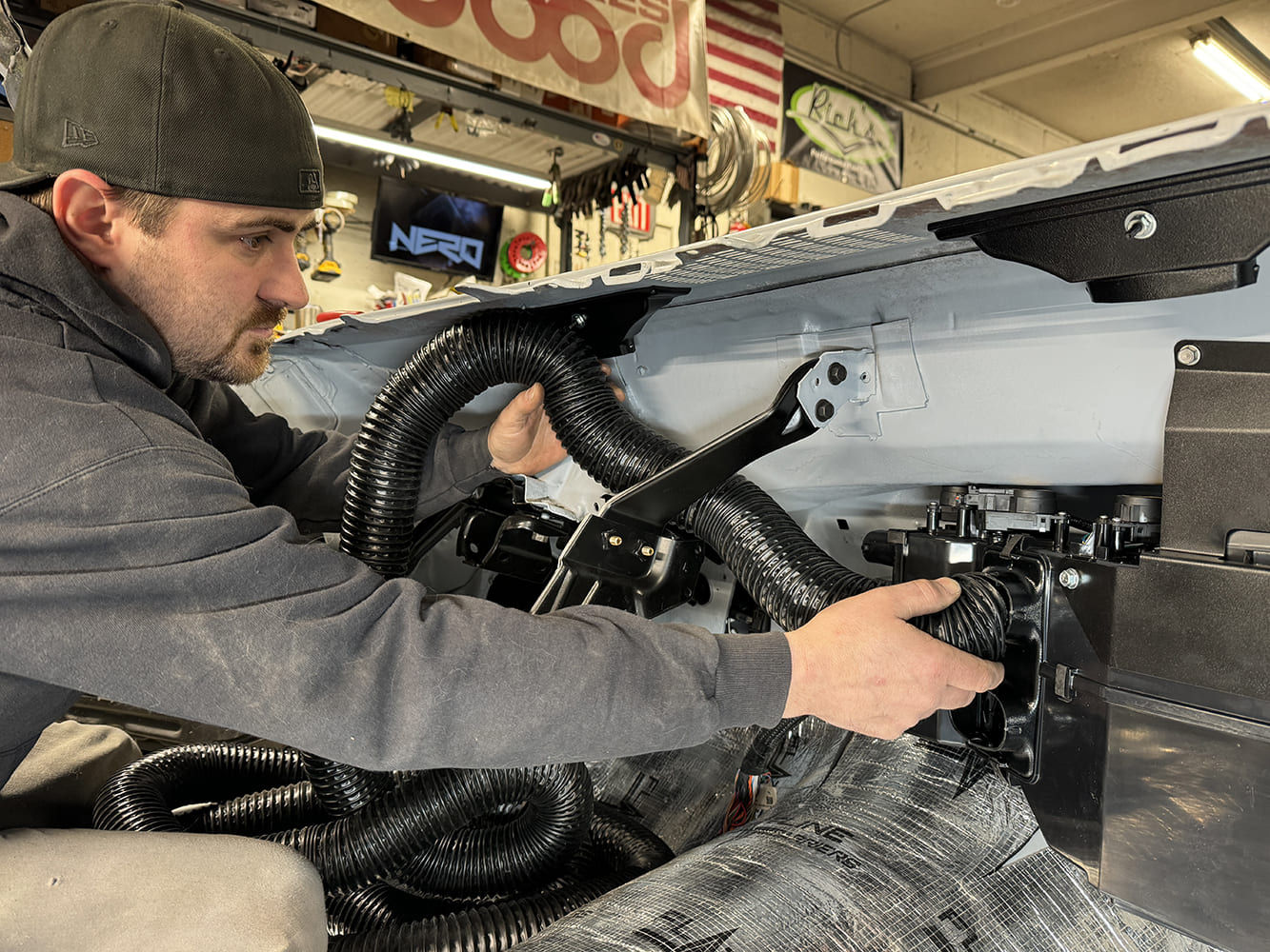 014 Routing flexible air ducts from the evaporator to dash vents in the 1971 Camaro