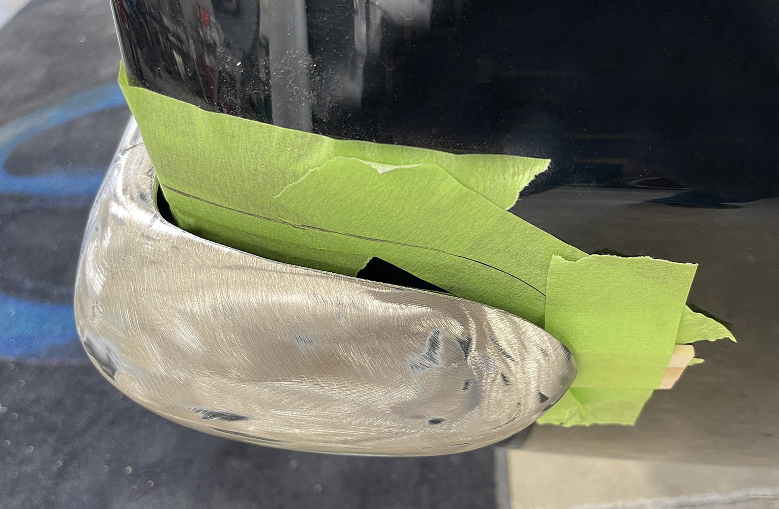 015 1969 Camaro bumper corner shaped tight to the quarter panel with masking tape markers