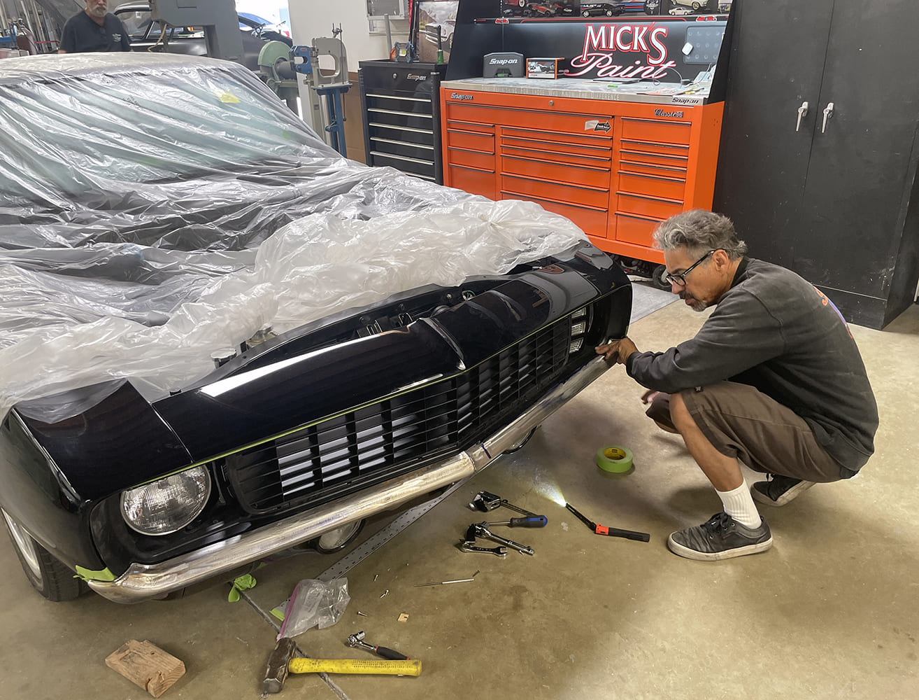 016 1969 Camaro front bumper mocked up and adjusted with grille and valance panel installed