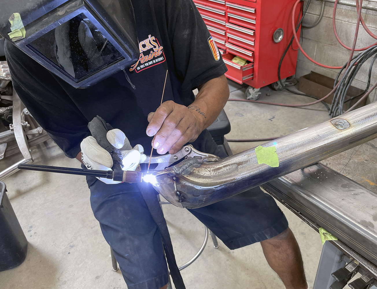 017 1969 Camaro bumper TIG welded on jig for seam refinement and structural integrity