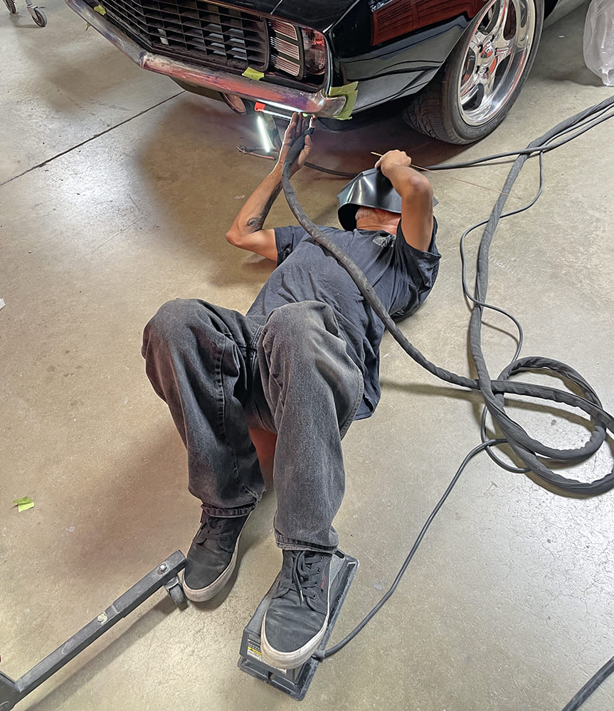 018 1969 Camaro front bumper TIG welded into final position while mounted to car