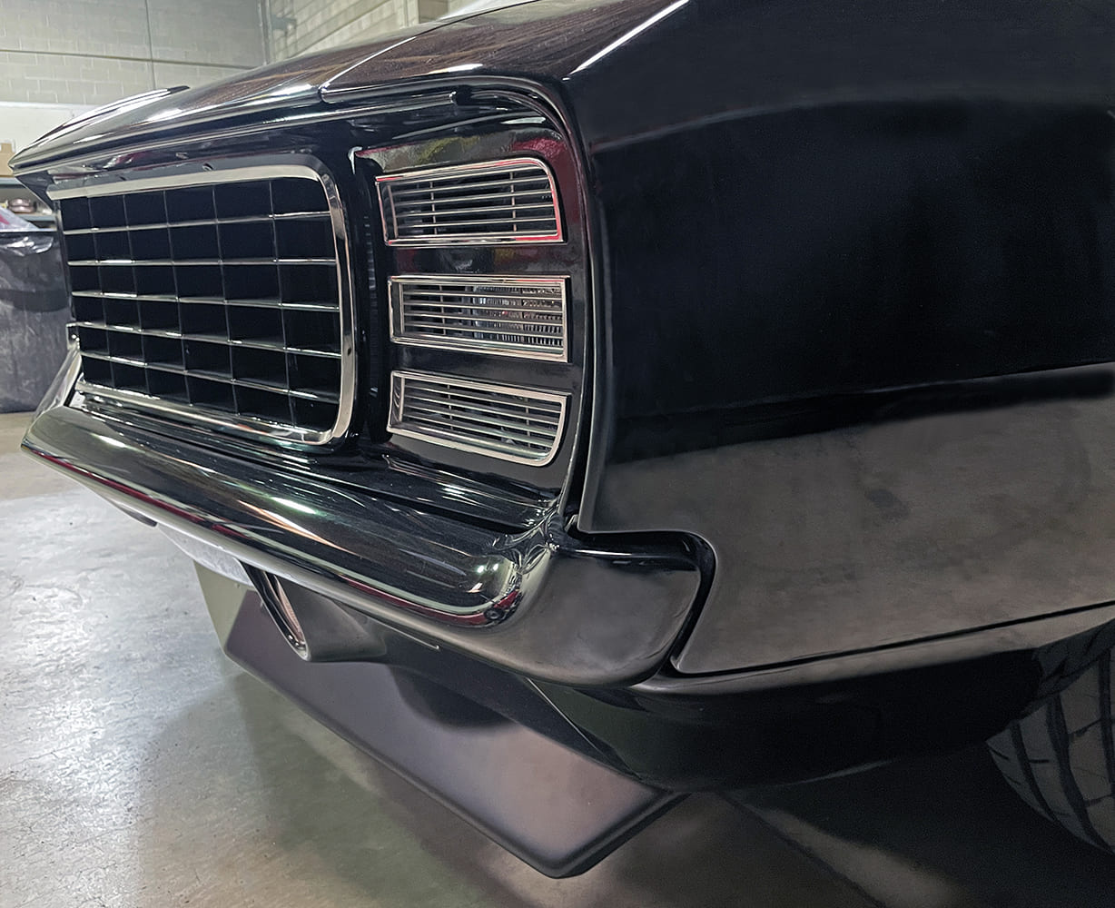 023 1969 Camaro front bumper blends tightly with grille and valance accentuating Pro Touring styling