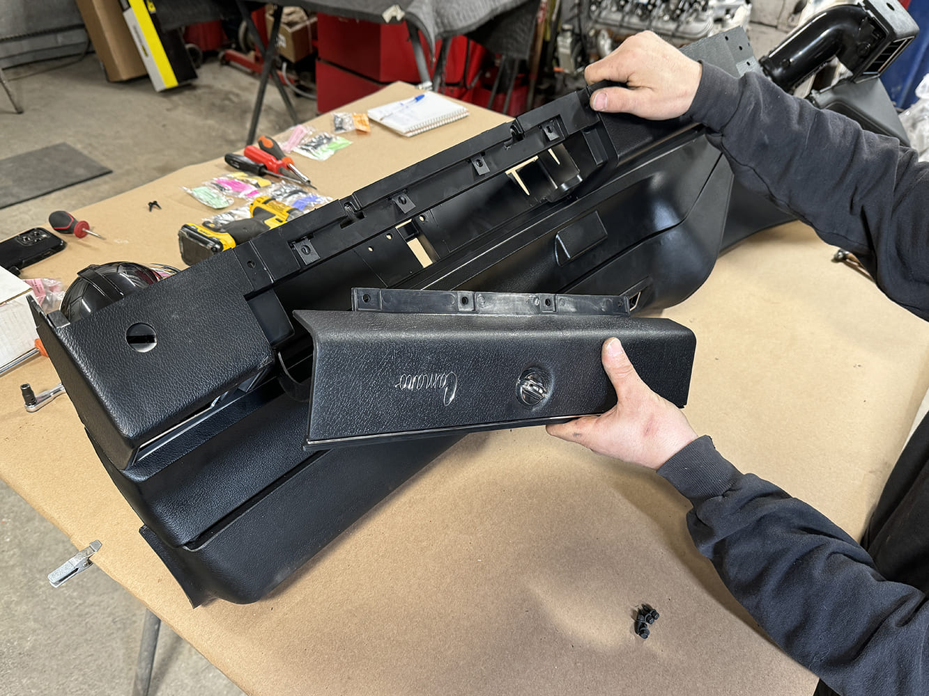 023 Test fitting the 1971 Camaro glovebox door to ensure proper alignment and function