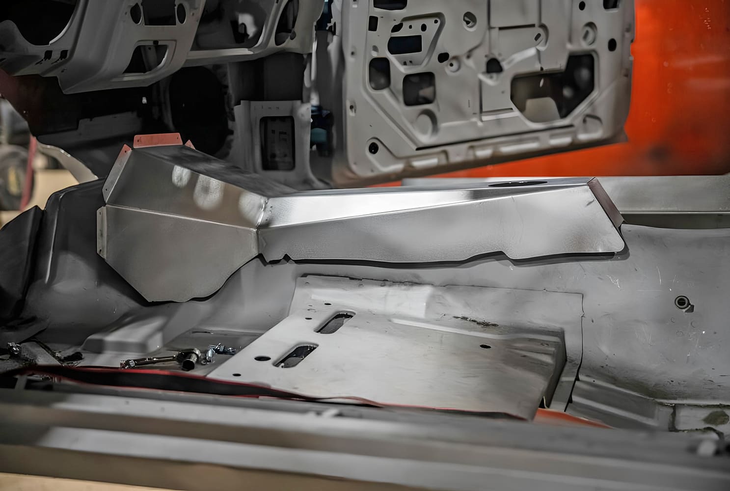 026 1968 Camaro full trans tunnel fabricated in bead rolled aluminum and TIG welded