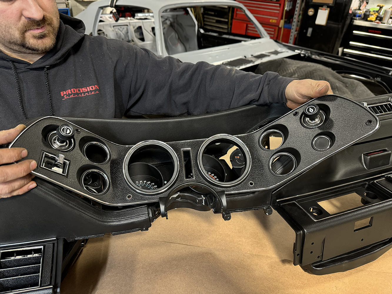 028 Cluster bezel assembled with switches and gauges for the 1971 Camaro dashboard