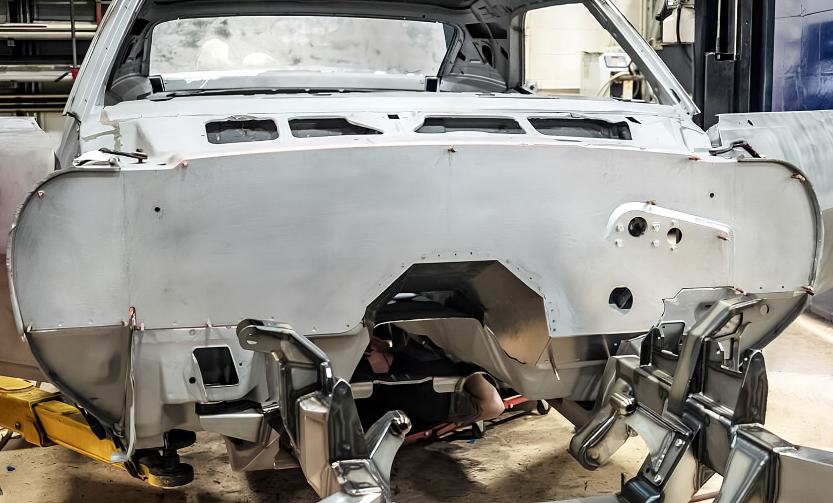 029 1968 Camaro custom firewall installed and fitted with transmission tunnel notch cutout