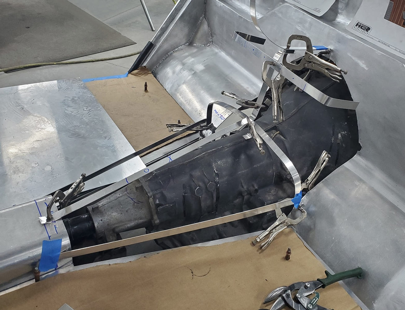 04 1938 Divco transmission tunnel mockup with clamped layout straps