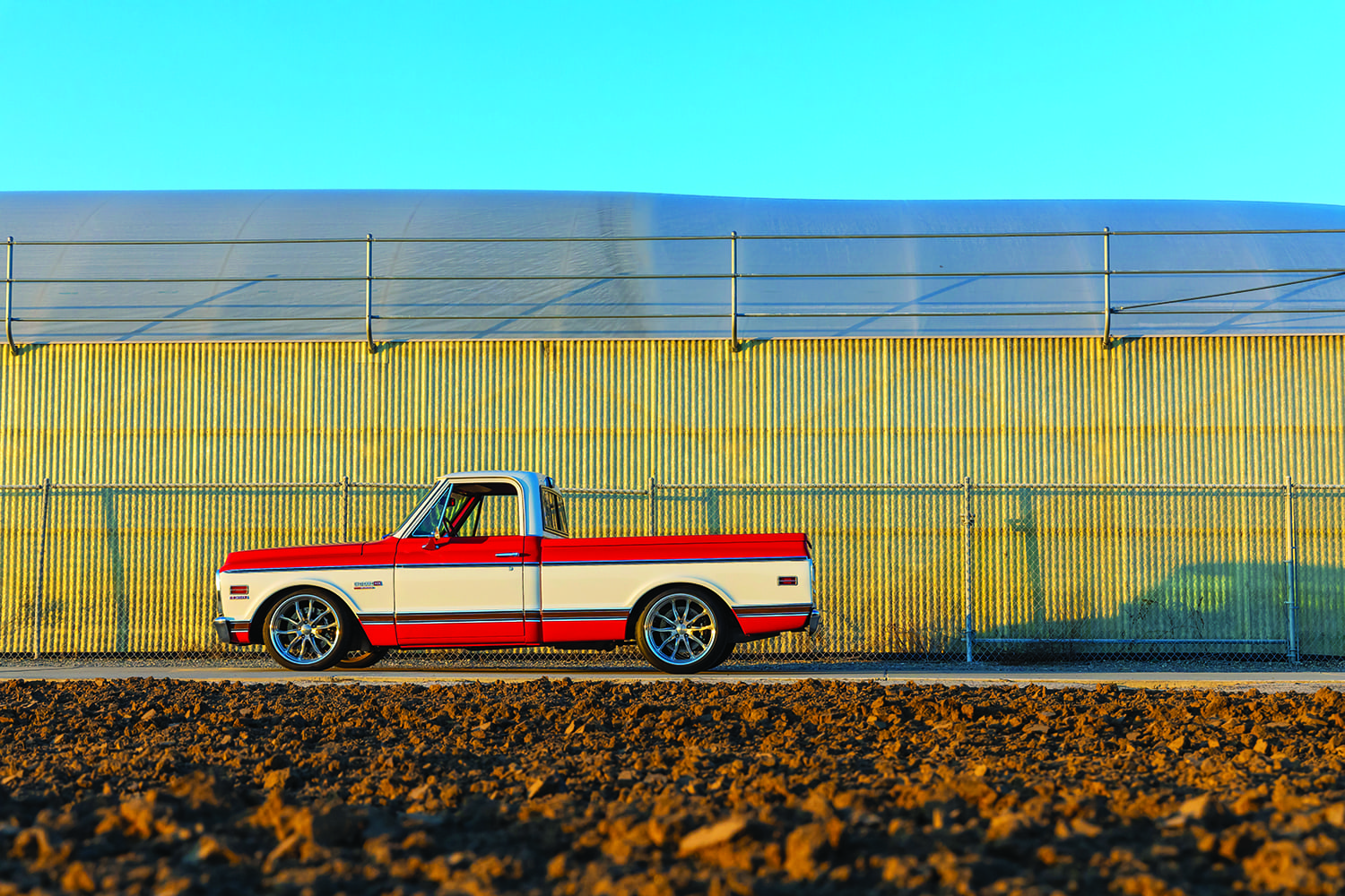 05 1972 Chevy C10 full profile side shot hot rod stance red white paint chrome mirrors custom wheels