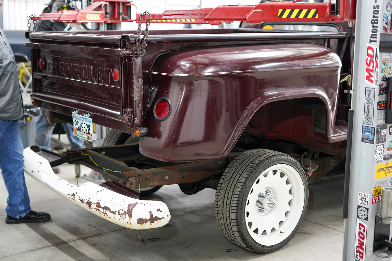 05 Rear end of C10 with tailgate and bumper removed showing frame rails before bed installation