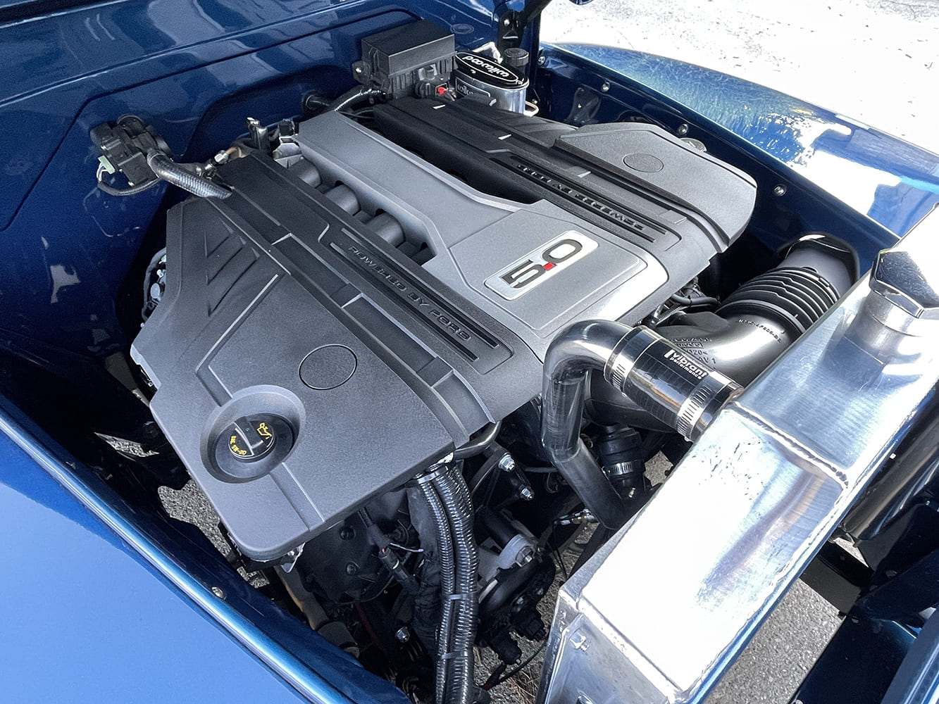 07 Coyote 5 0 V8 swapped 1950 Ford F1 with cold air intake and aluminum radiator setup