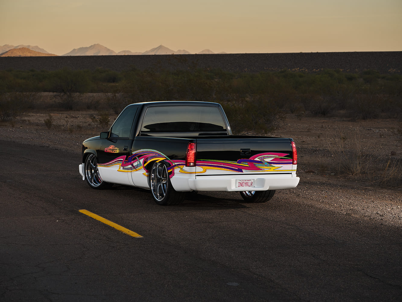 08 1993 Chevy OBS custom rear view featuring molded tailgate smooth bumper and 90s paint theme