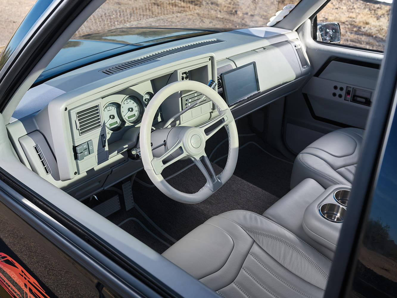 12 1993 Chevy OBS smoothed dash custom white steering wheel digital screen billet trim gray leather