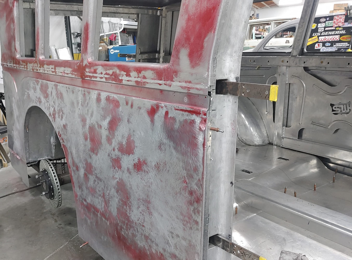 13 1938 Divco rear quarter panel body filler and sanding in progress