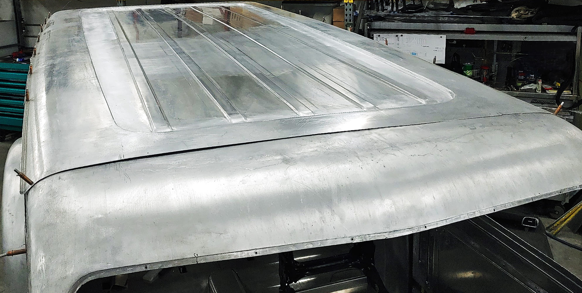 22 1938 Divco aluminum roof skin test fitted to body with clecos installed