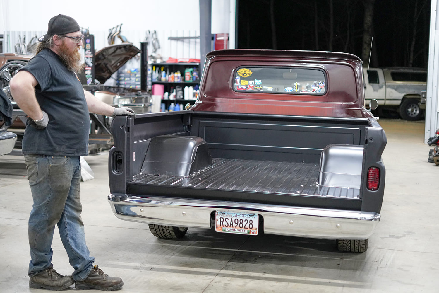 26 Technician inspects and finishes assembly on the completed bed conversion on the 1963–1966 Chevy C10
