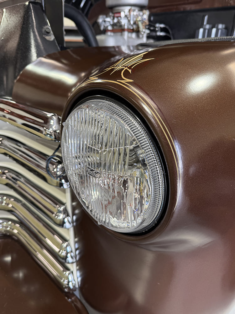 30 RetroBright headlight installed cleanly into 1948 Chevy fender with custom pinstriping