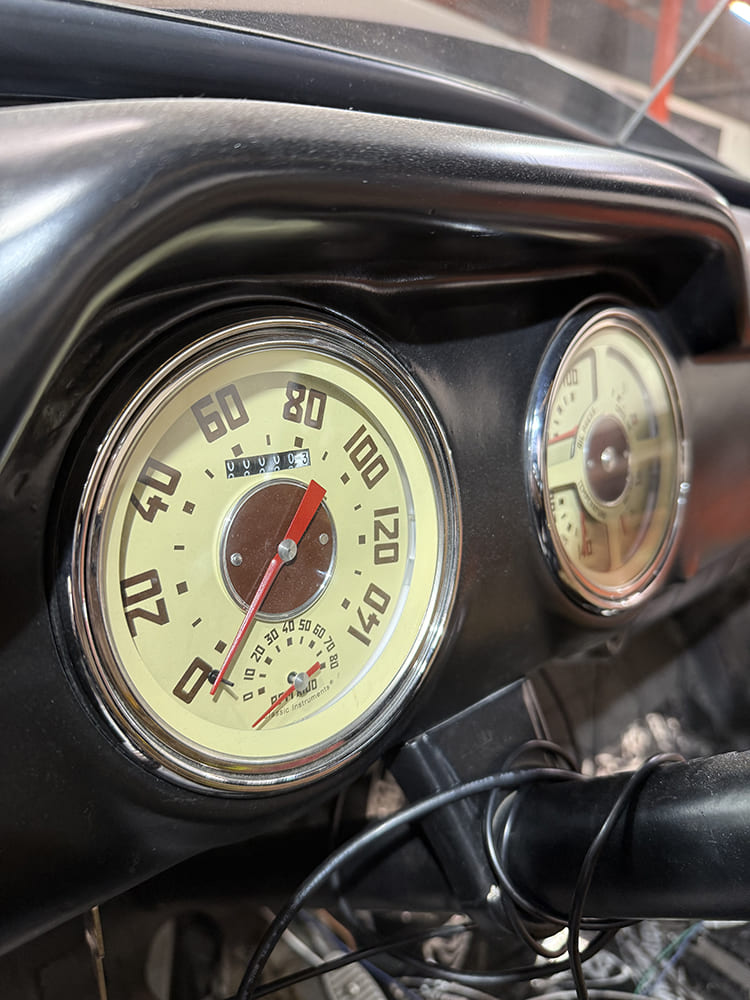 40 Classic Instruments' gauge cluster installed in 1948 Chevy with zeroed odometer and cream face