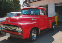 Kevin Tetz’s Six-Day/500-Hour Family F-100 Makeover 00 1956 Ford F 100 patch panel clamped in place under cab corner during rust repair
