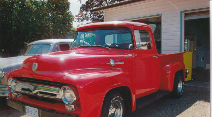 Kevin Tetz’s Six-Day/500-Hour Family F-100 Makeover 00 1956 Ford F 100 patch panel clamped in place under cab corner during rust repair