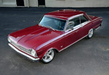 1963 Chevy Nova Restomod 001 1965 Chevy Nova burgundy coupe with billet five spoke wheels and lowered stance