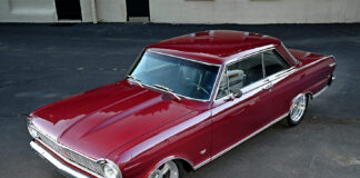 001 1965 Chevy Nova burgundy coupe with billet five spoke wheels and lowered stance