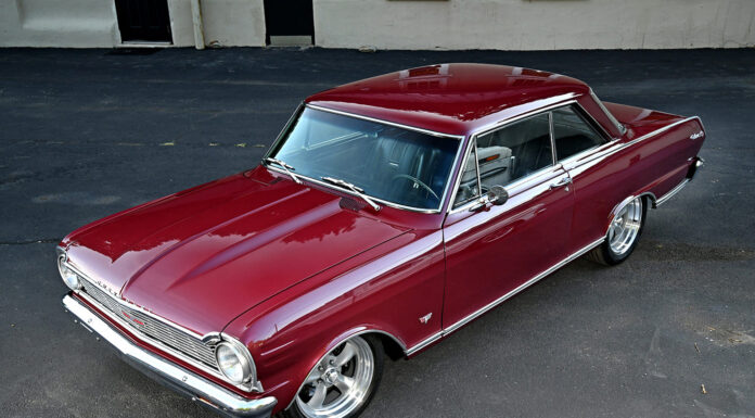 1965 Chevy Nova Restomod 001 1965 Chevy Nova burgundy coupe with billet five spoke wheels and lowered stance