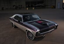 001 1969 Chevy Nova restomod in silver and black with purple accents and shaved bumpers