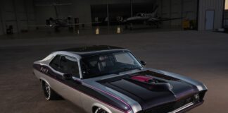001 1969 Chevy Nova restomod in silver and black with purple accents and shaved bumpers
