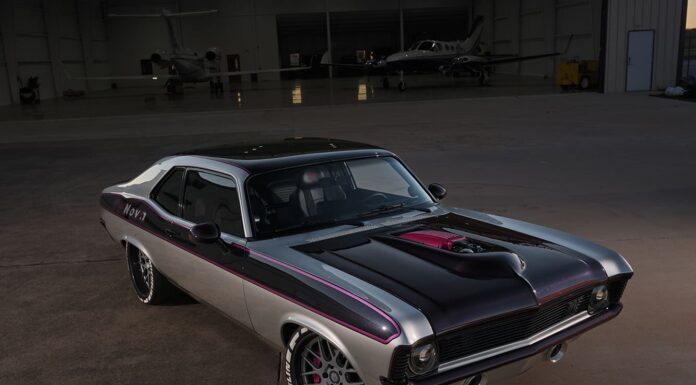 001 1969 Chevy Nova restomod in silver and black with purple accents and shaved bumpers