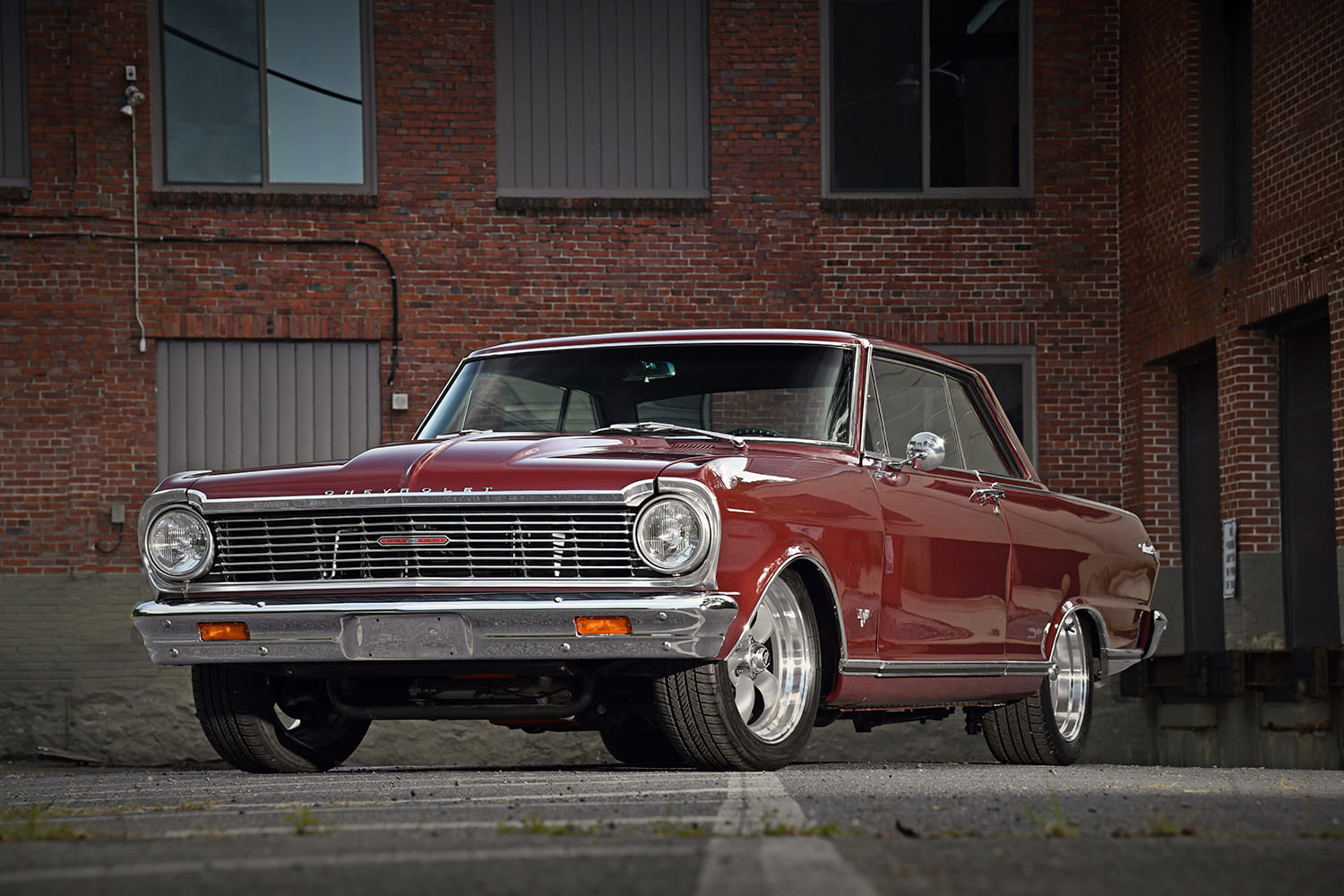 005 1965 Chevy Nova front head on view with clean grille and updated lighting