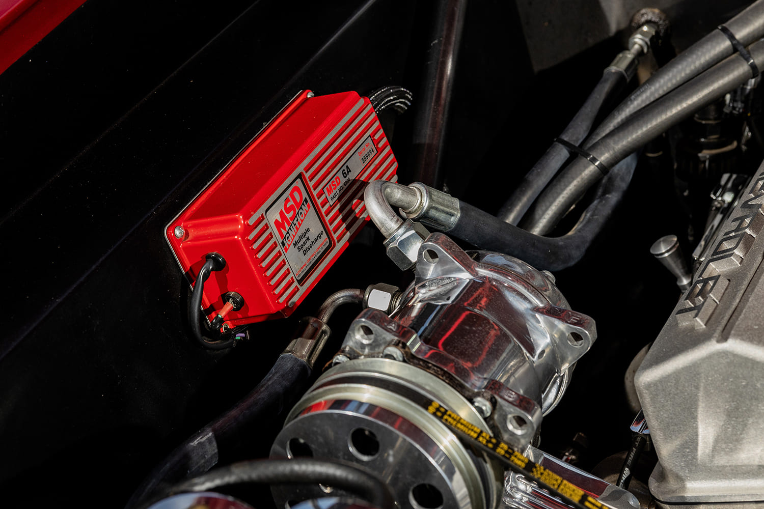 009 1966 Chevy Nova engine detail reveals MSD 6A ignition and billet pulley system