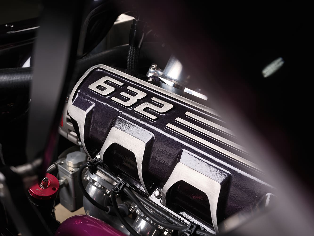 009 969 Chevy Nova 632ci heads feature black powder coat with machined ribbing