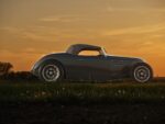 01 1936 Ford highboy roadster in charcoal gray with custom wheels and louvers at sunset