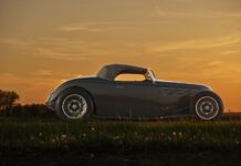 01 1936 Ford highboy roadster in charcoal gray with custom wheels and louvers at sunset