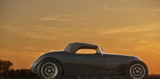 01 1936 Ford highboy roadster in charcoal gray with custom wheels and louvers at sunset