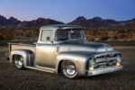 01 1956 Ford F 100 in brushed bare metal finish with billet wheels and a slammed stance