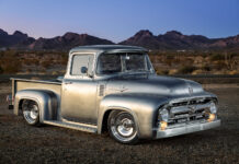 01 1956 Ford F 100 in brushed bare metal finish with billet wheels and a slammed stance