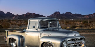 01 1956 Ford F 100 in brushed bare metal finish with billet wheels and a slammed stance