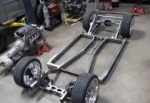 01 1962 Chevy convertible chassis with custom boxed frame and coilover ready suspension setup