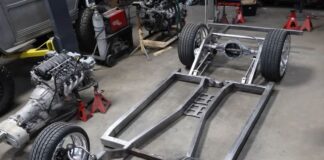 01 1962 Chevy convertible chassis with custom boxed frame and coilover ready suspension setup