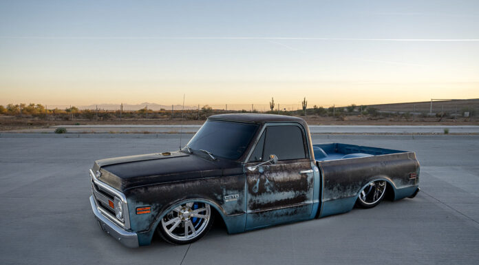 The Tre 5 / REVB 1970 C10 Collab: Jeremy Rice’s Material Girl 01 1970 Chevy C10 patina body air ride staggered chrome wheels