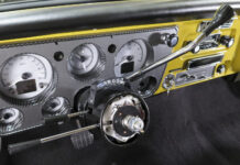 01 1972 Chevy C10 tilt column install with Classic Instruments carbon faced gauge cluster and Lokar shifter detail