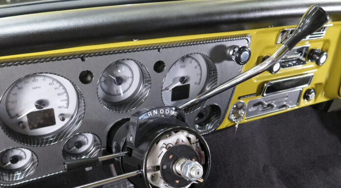 01 1972 Chevy C10 tilt column install with Classic Instruments carbon faced gauge cluster and Lokar shifter detail