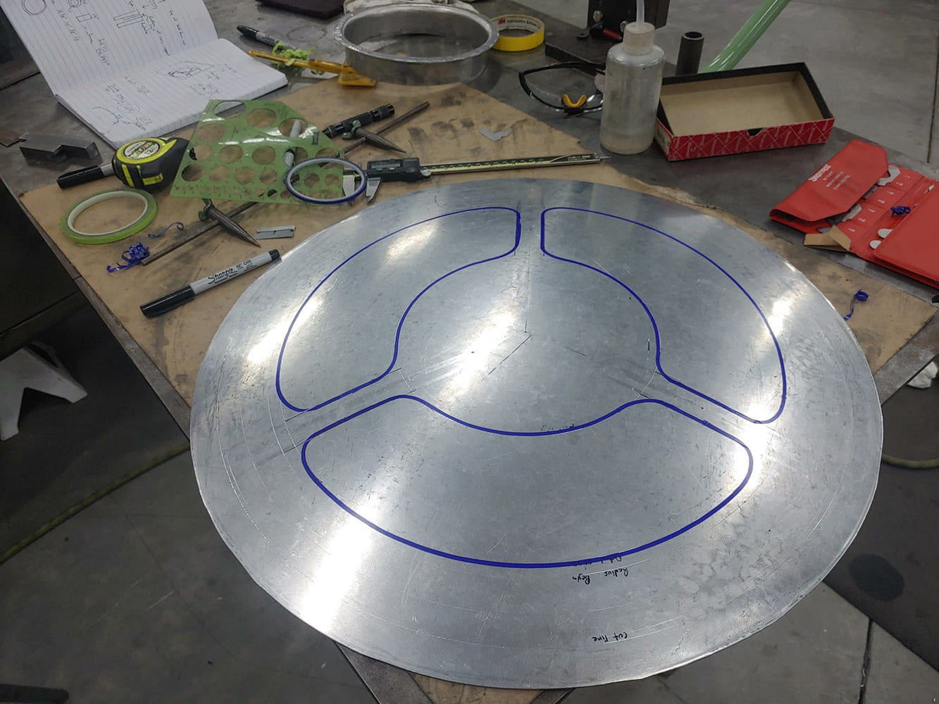 01 Divco billet hubcap concept drawn on aluminum disc for CNC cutting