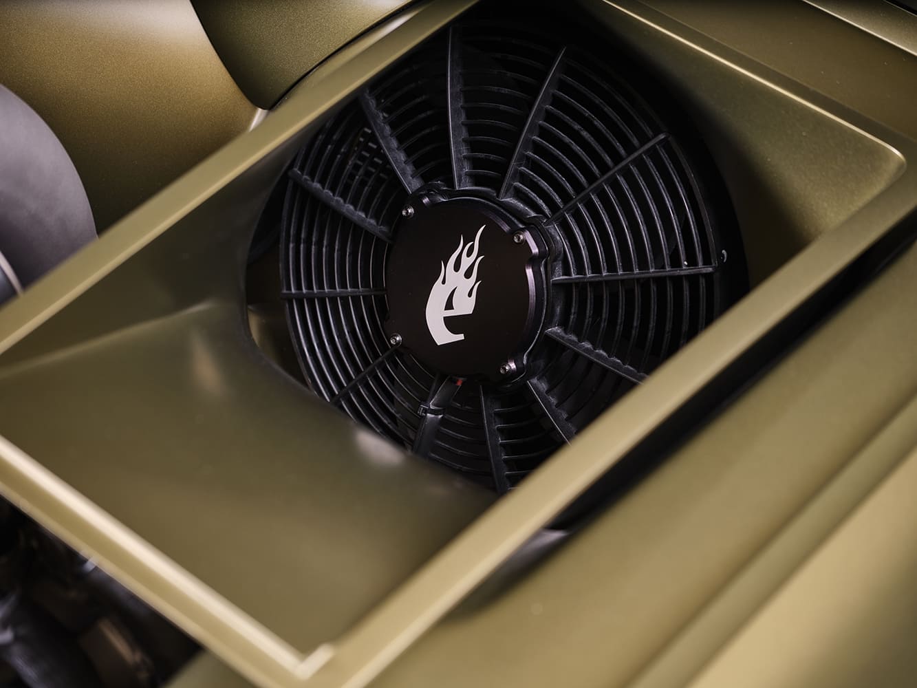 010 Custom cooling fan flame logo 1963 Corvette engine bay detail