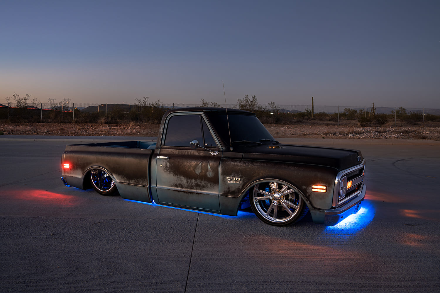 02 1970 Chevy C10 night cruise LED underglow blue red lights