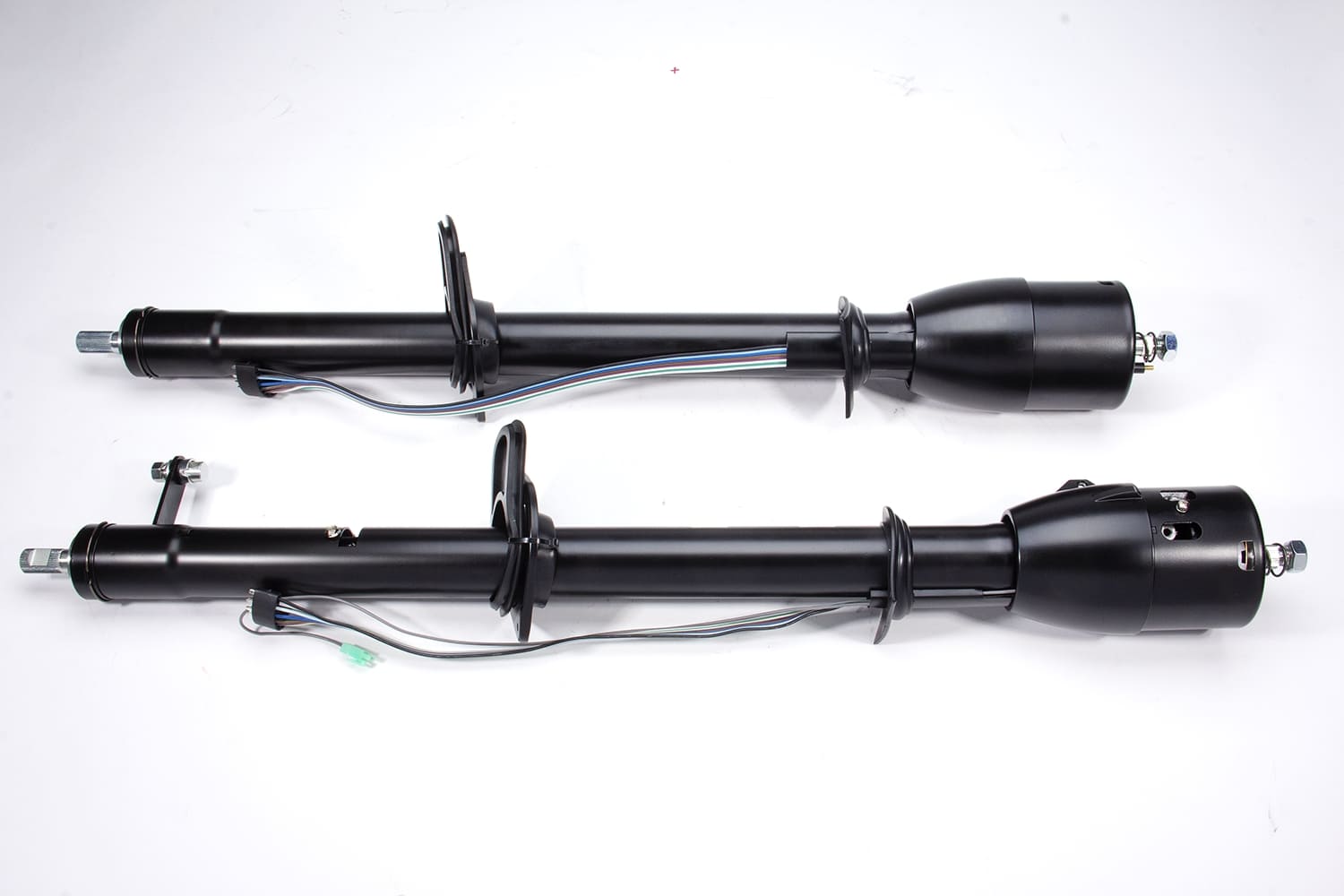 02 1972 Chevy C10 tilt column pair black finish with integrated wiring harnesses and shift levers