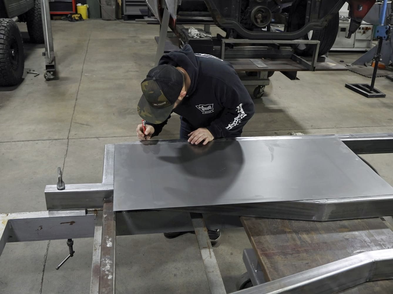 03 1962 Chevy convertible floor pan layout marked on steel sheet for precision cut