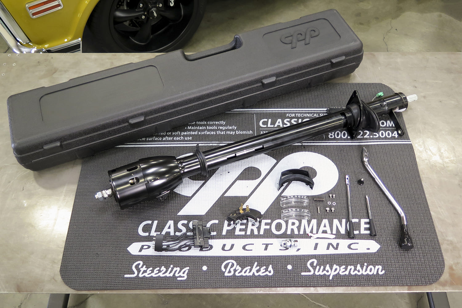 03 1972 Chevy C10 tilt column unboxed kit by CPP with shifter wiring and hardware displayed
