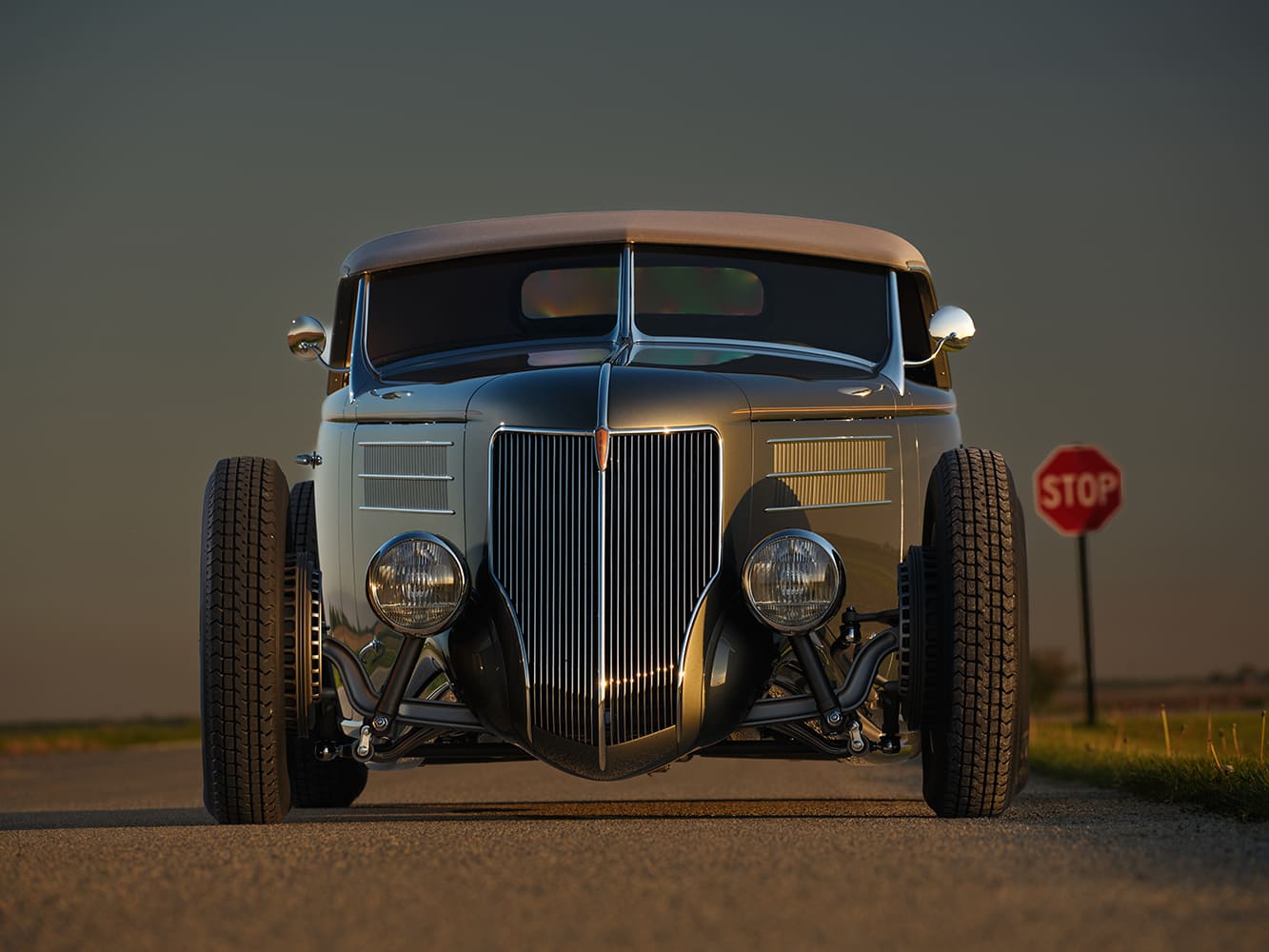 04 1936 Ford highboy front view showcasing V grille dropped axle and wide front tires